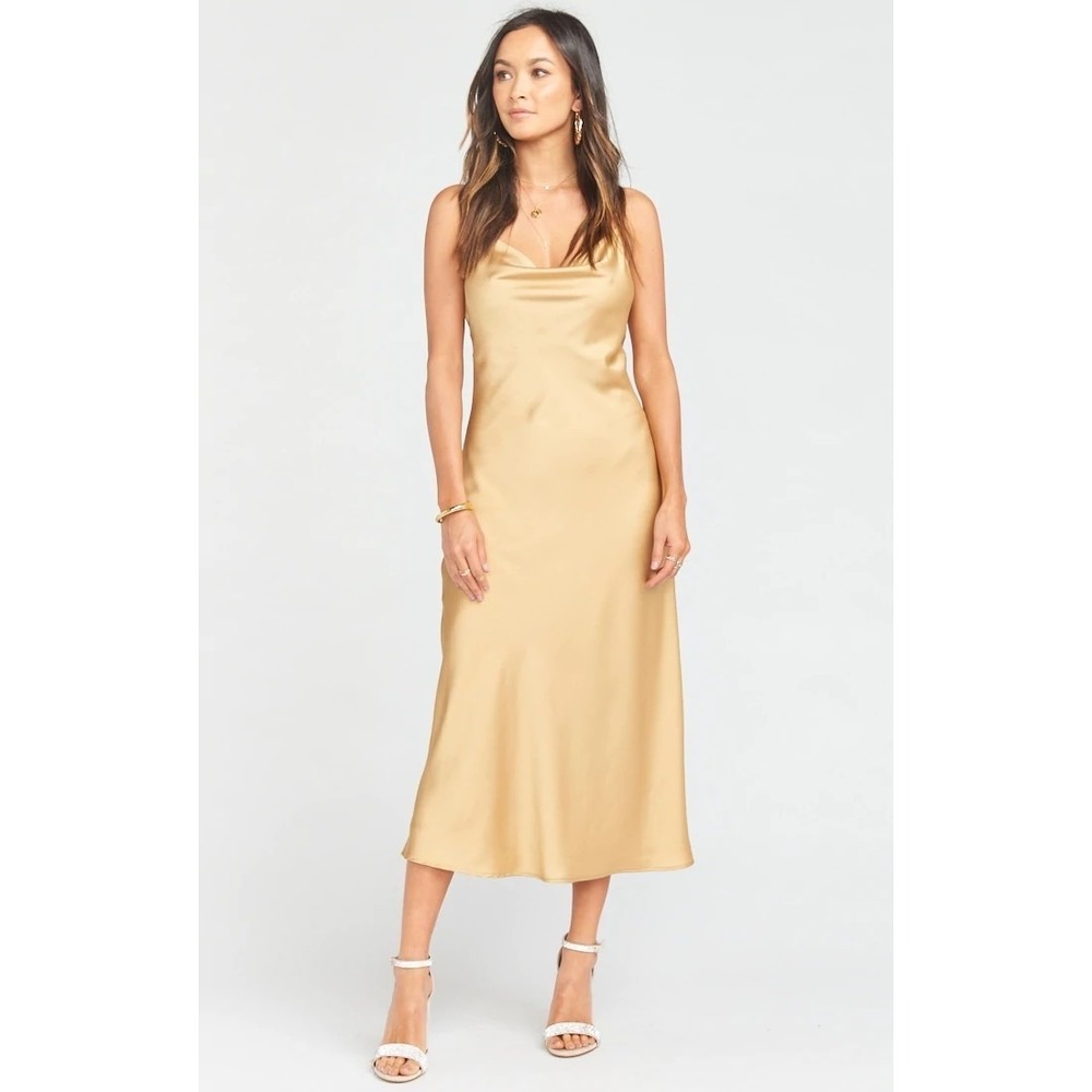 NWT Show Me Your Mumu Verona Cowl Dress True Gold Luxe Satin M - Picture 1 of 6